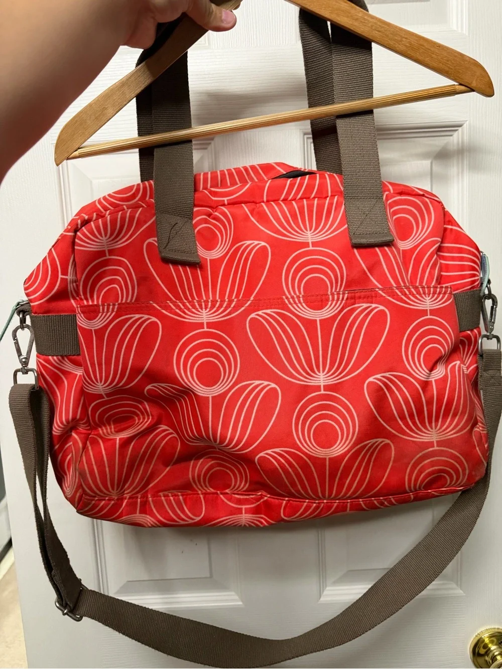Red Orange Floral Tote Bag with Brown Straps - Orla Kiely Style